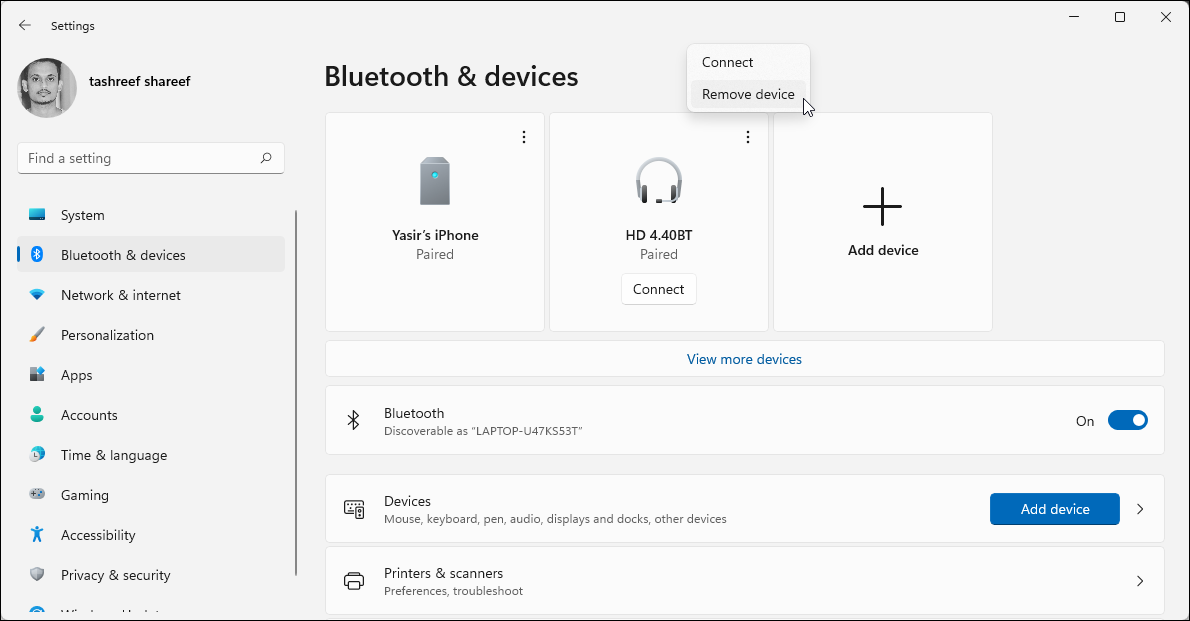 remove bluetooth device windows 11
