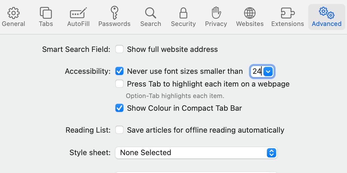 Safari advanced preferences window with font size changed to 24.