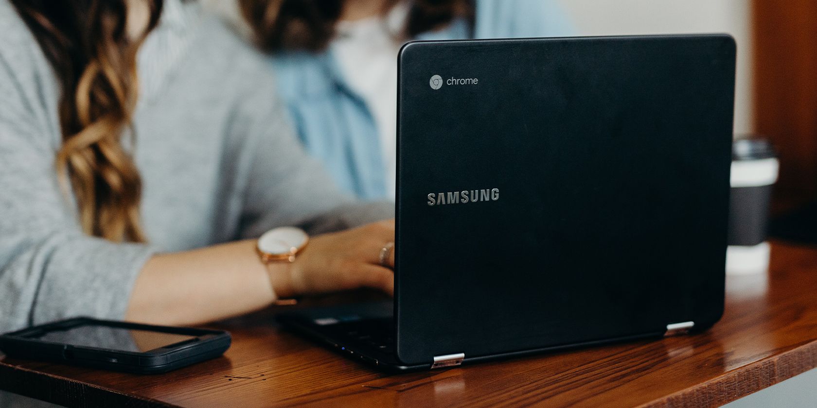 Samsung Chromebook on a desk being used on the go