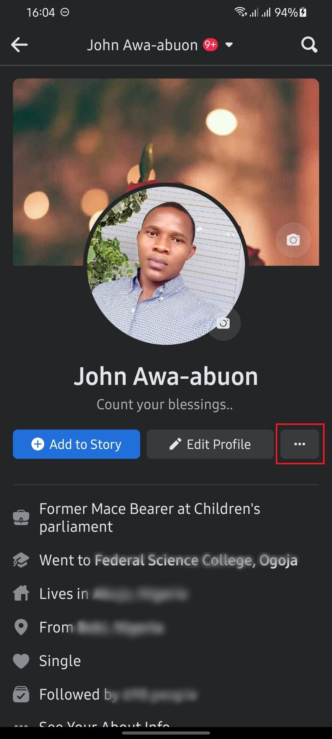 screen showing facebook profile