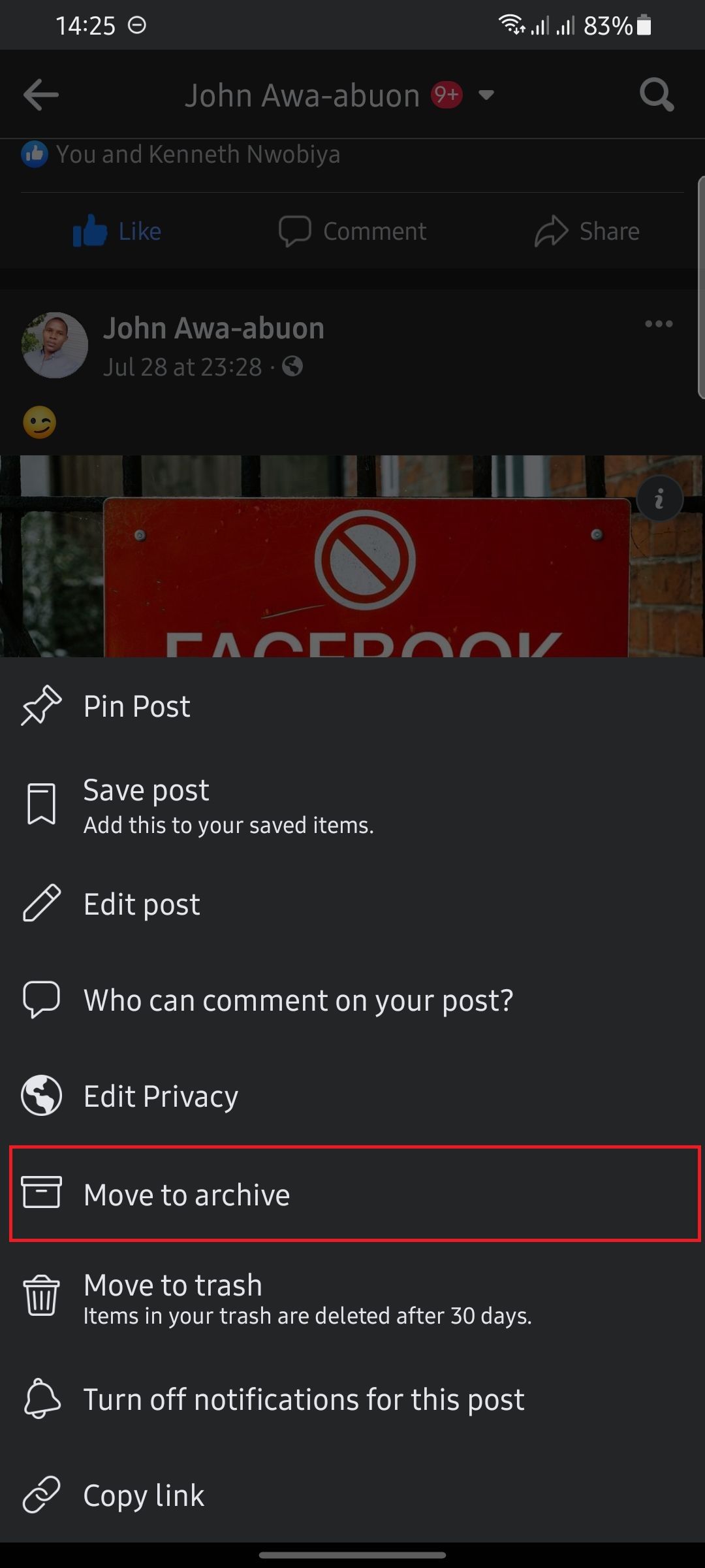 screen showing move to archive on facebook