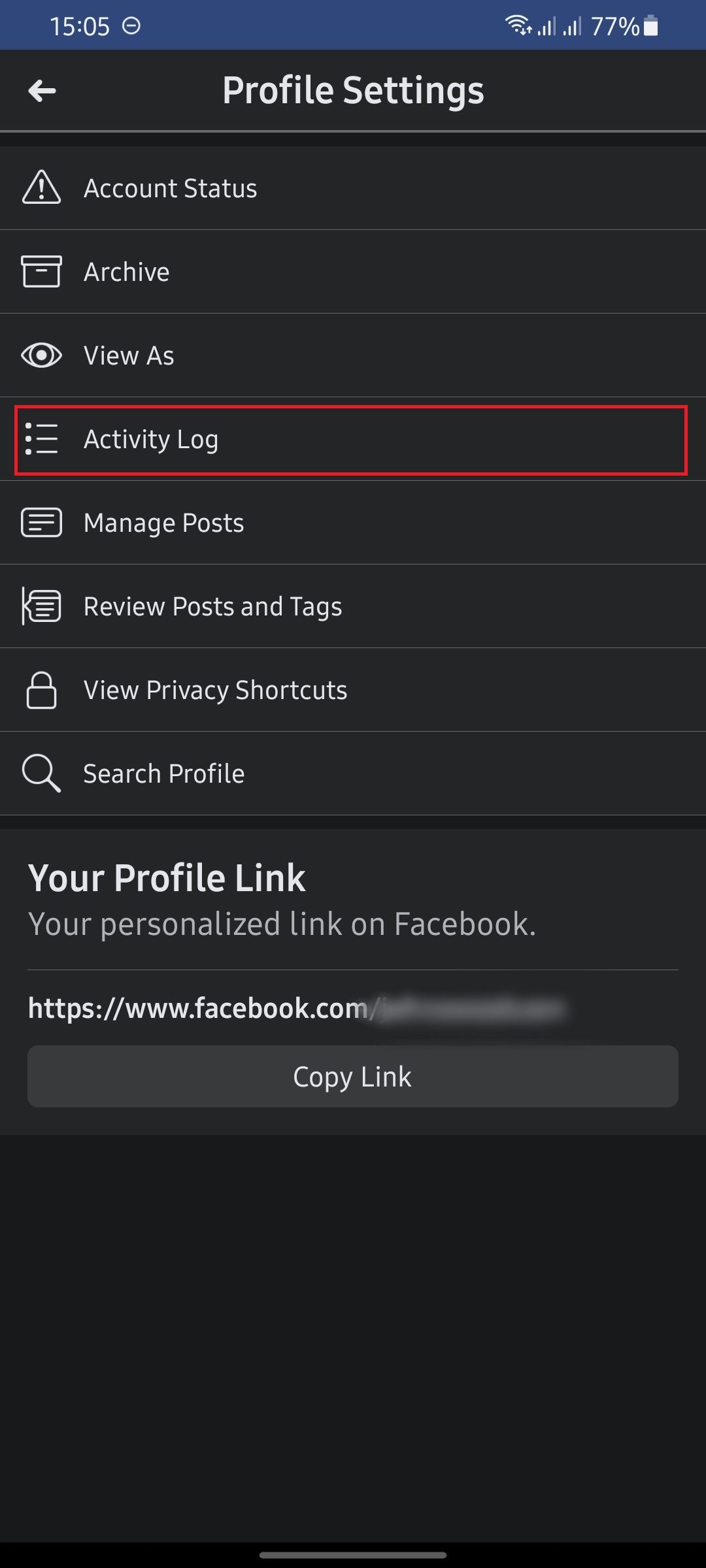 screen showing navigation to activity log on Facebook