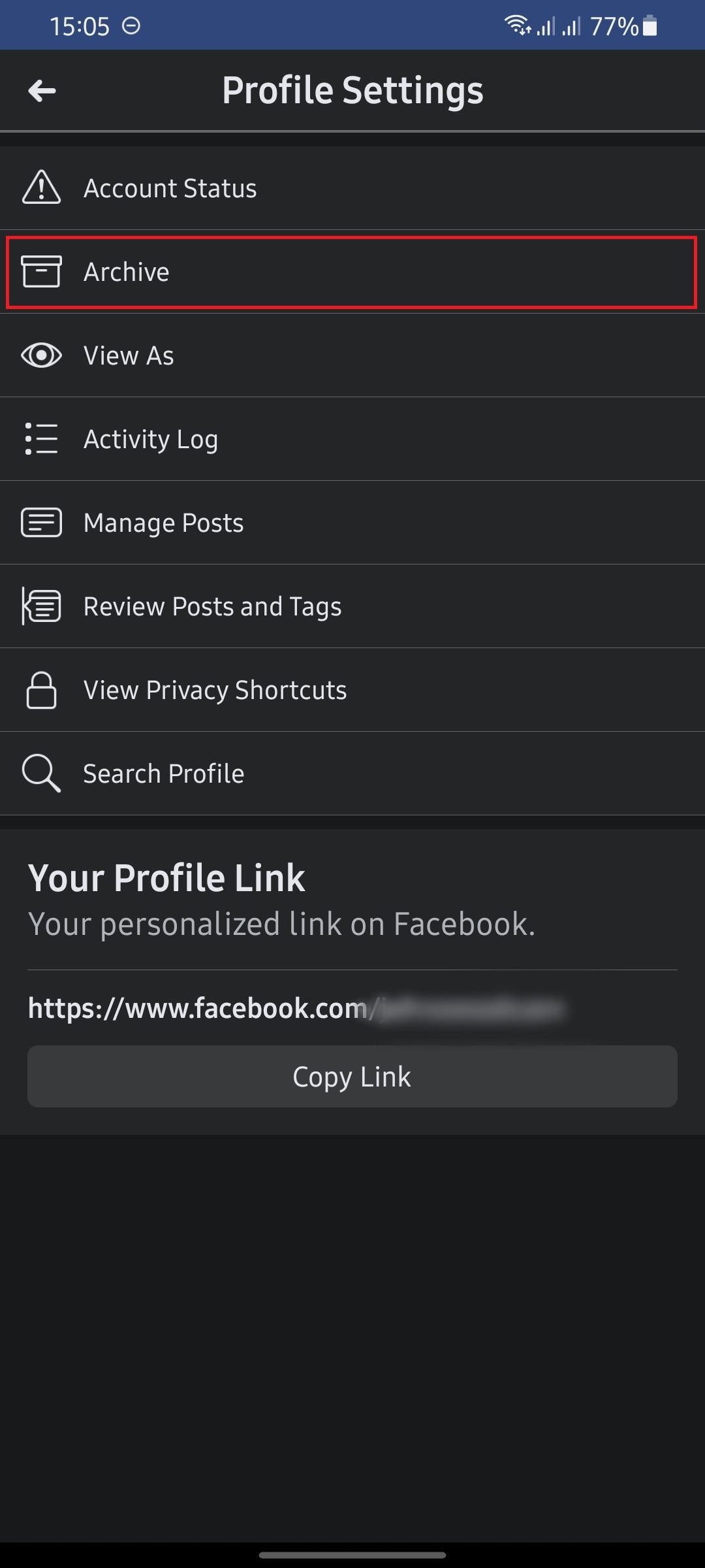 screen showing navigation to archive page on Facebook
