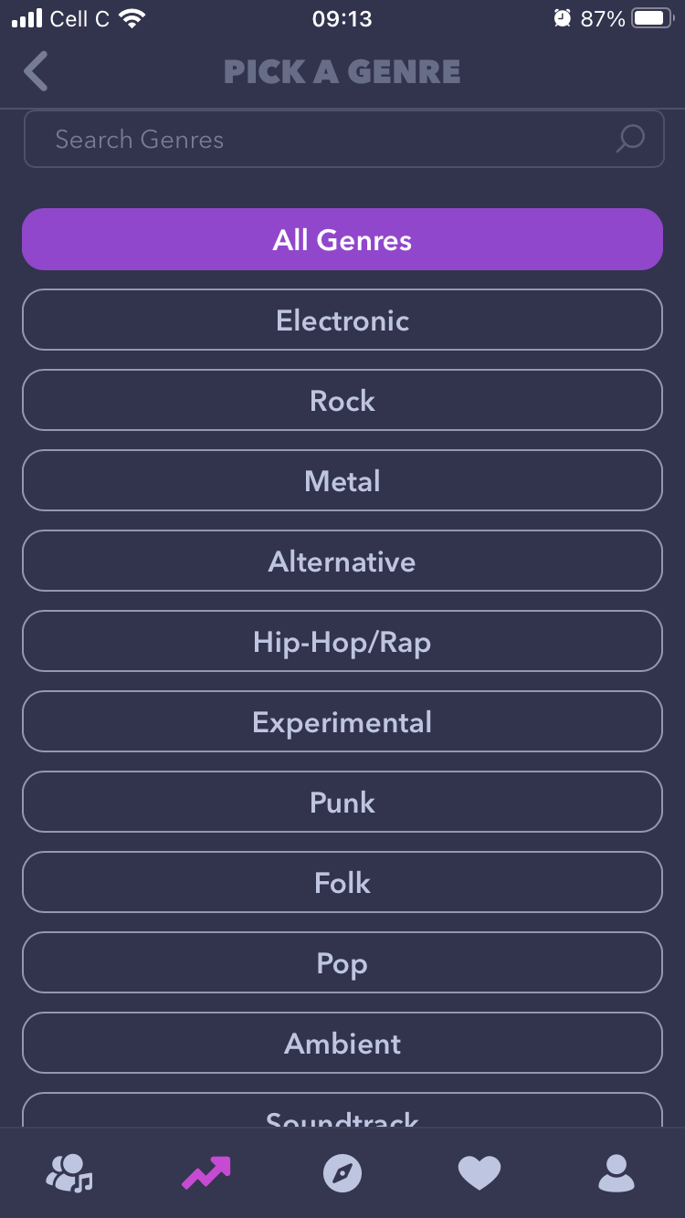 screenshot of music genres on audius mobile
