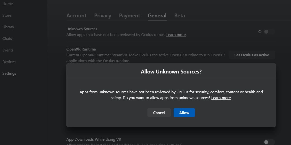 screenshot of oculus app in the settings menu allow unknown sources 