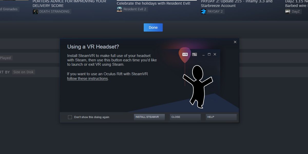 screenshot of steam showing the steamvr install prompt pop up 