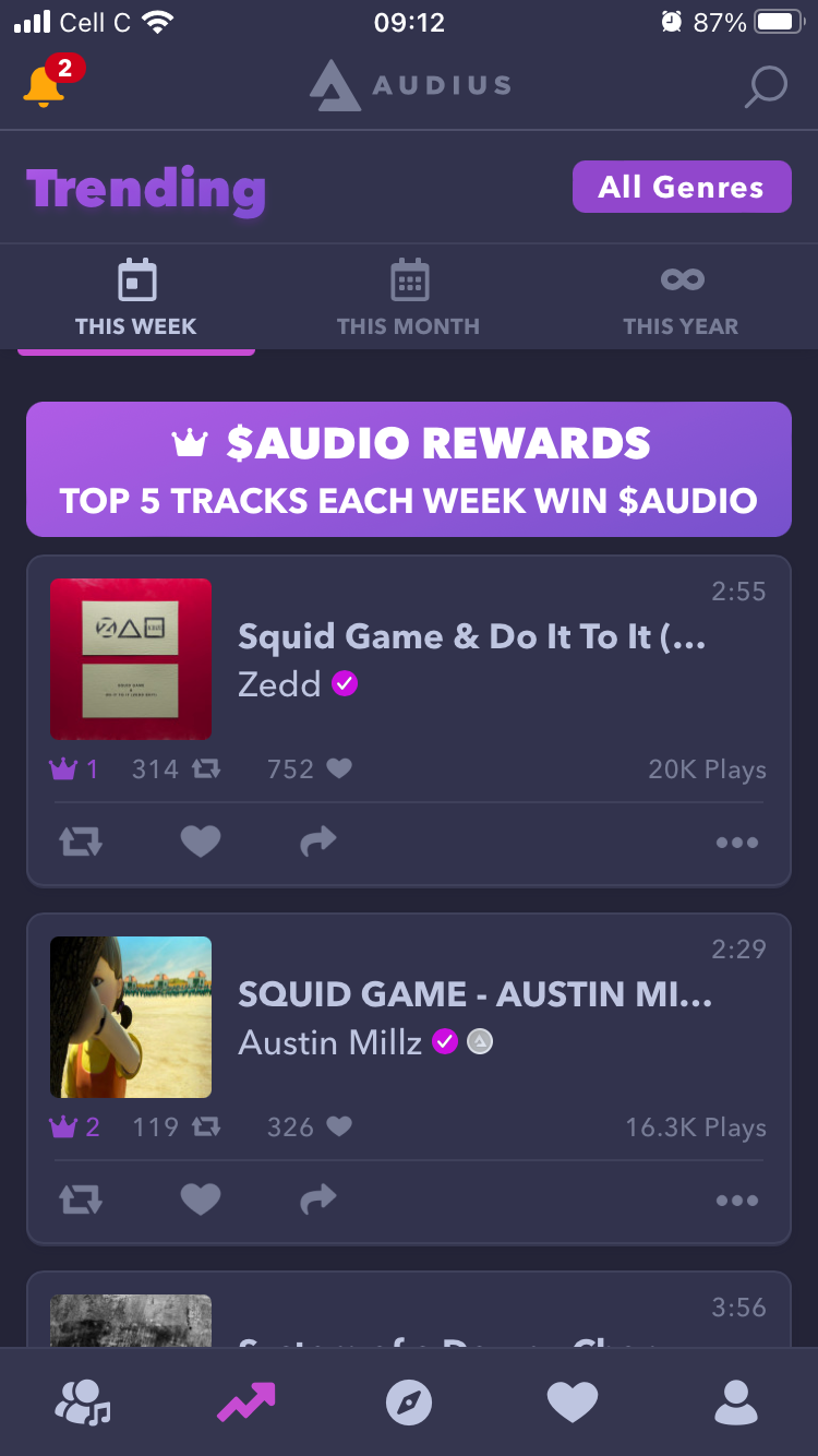 screenshot of trending music on audius mobile