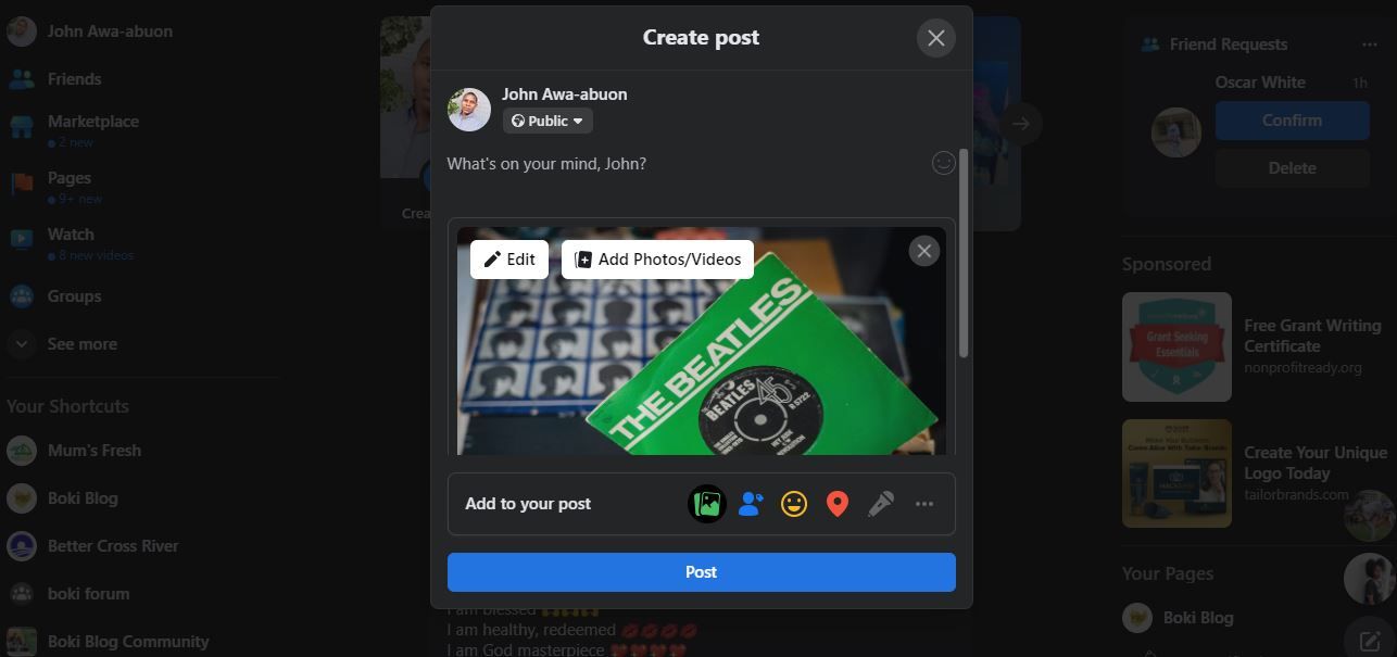 screenshot showing create post interface on facebook web