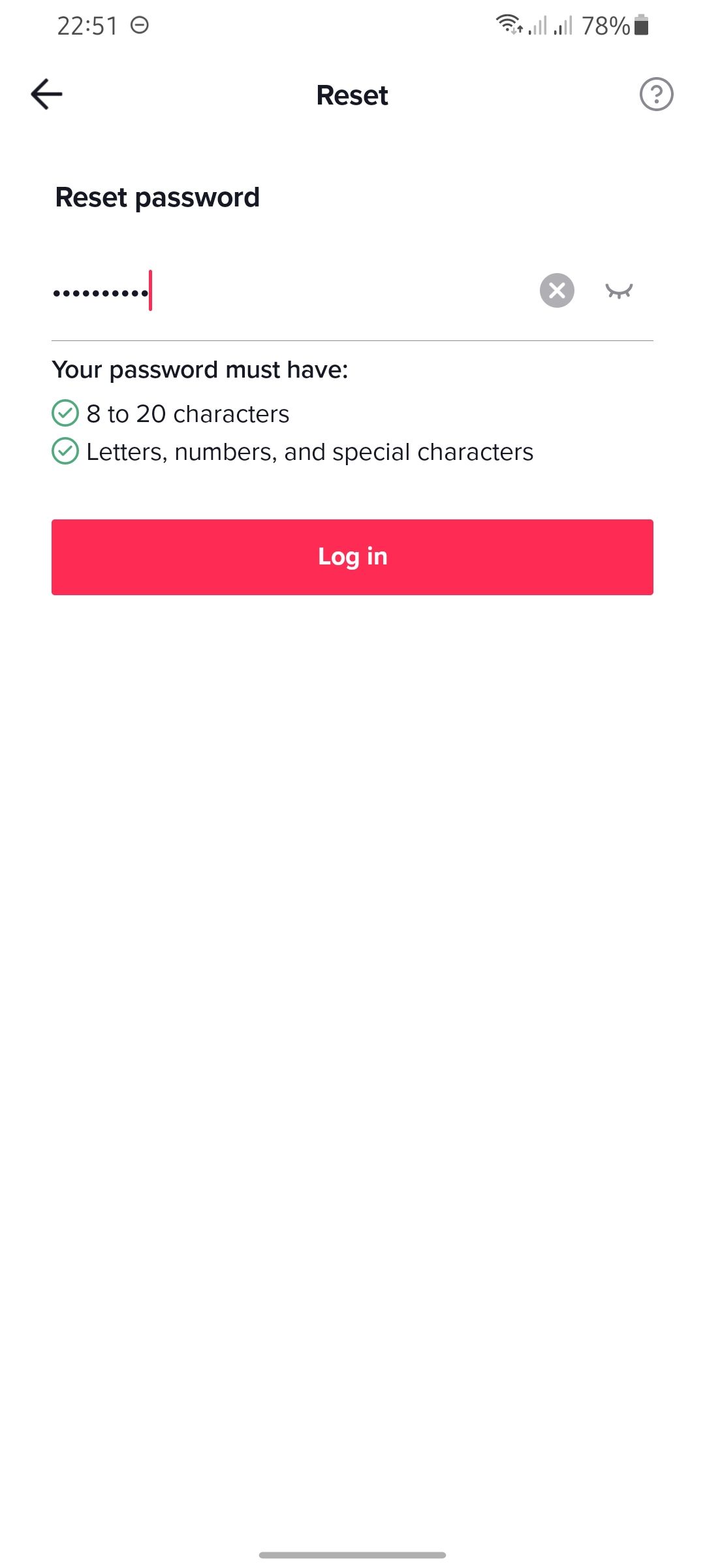 screenshot showing tiktok password reset screen