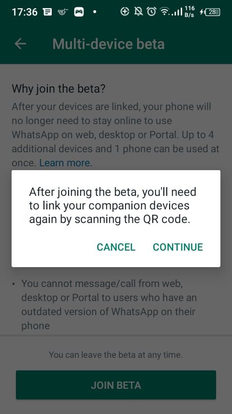 screenshot of whatsapp continue to link multi-device beta