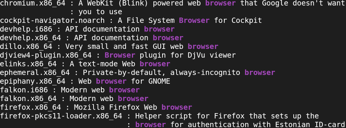 dnf command search output for web browsers