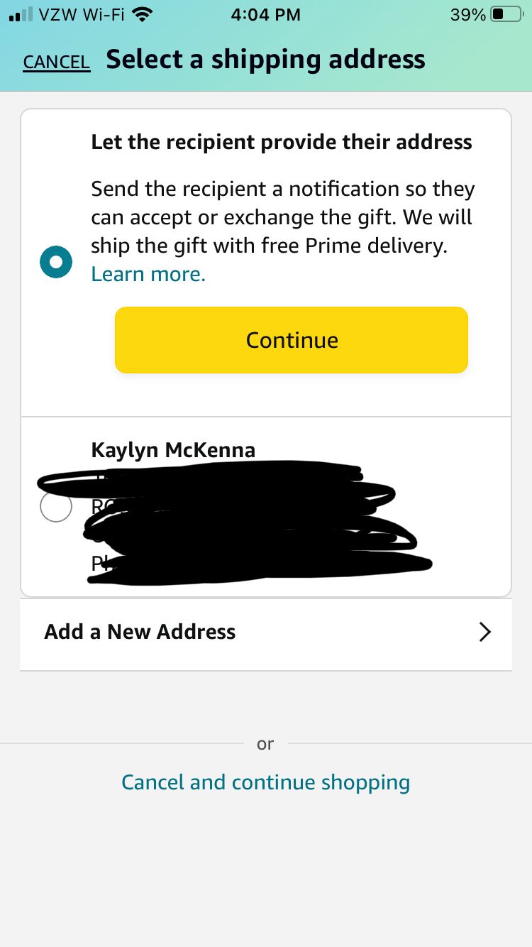 The select a shipping address screen in the Amazon app. The let the recipient provide their address option is selected
