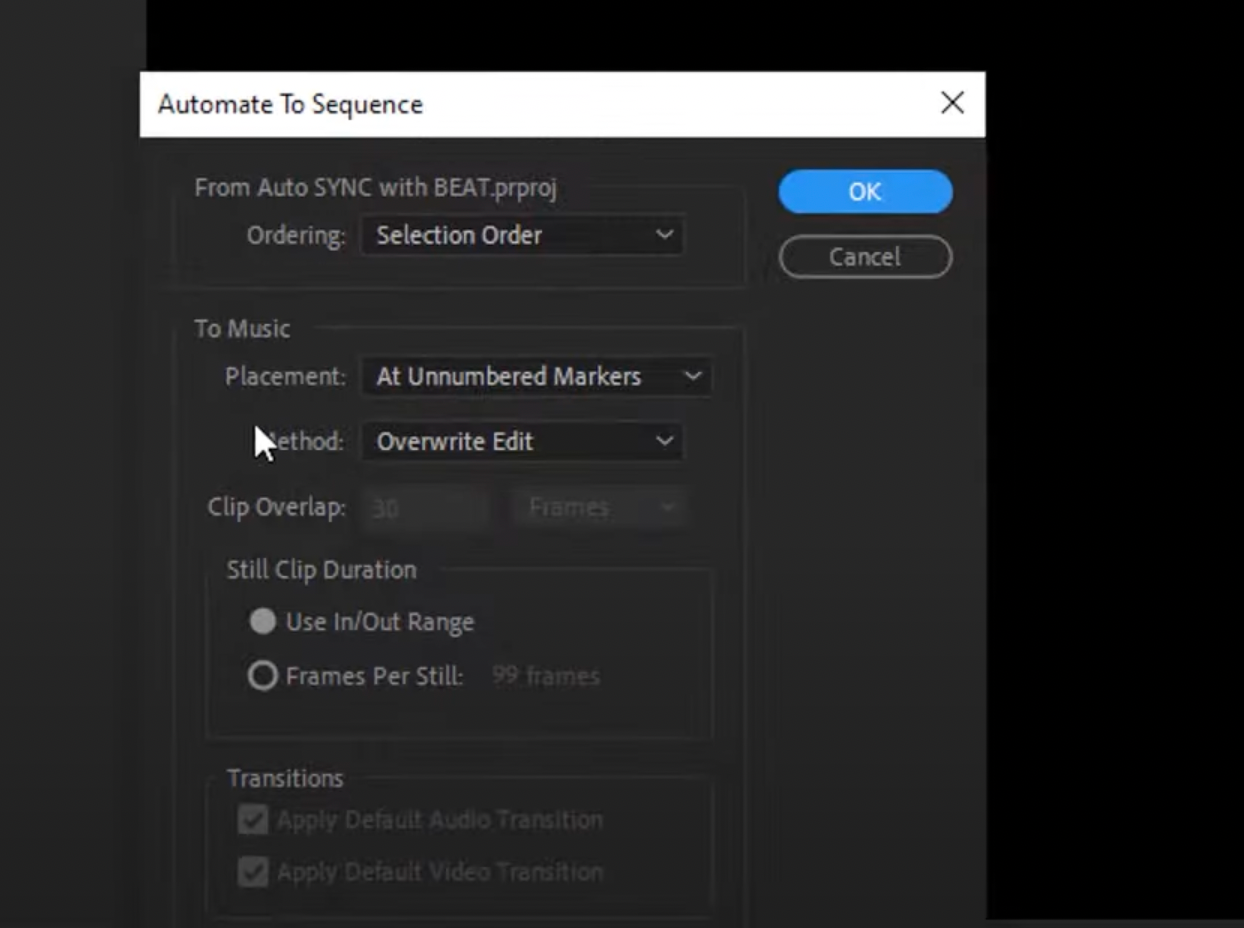 Automate to sequence menu in Premiere Pro