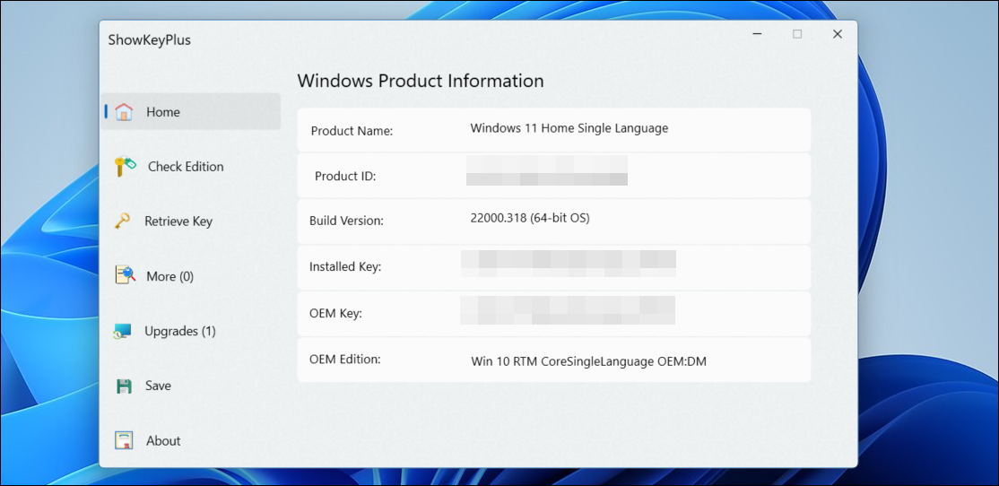 showkeyplus tool showing the retrieved Windows product information.
