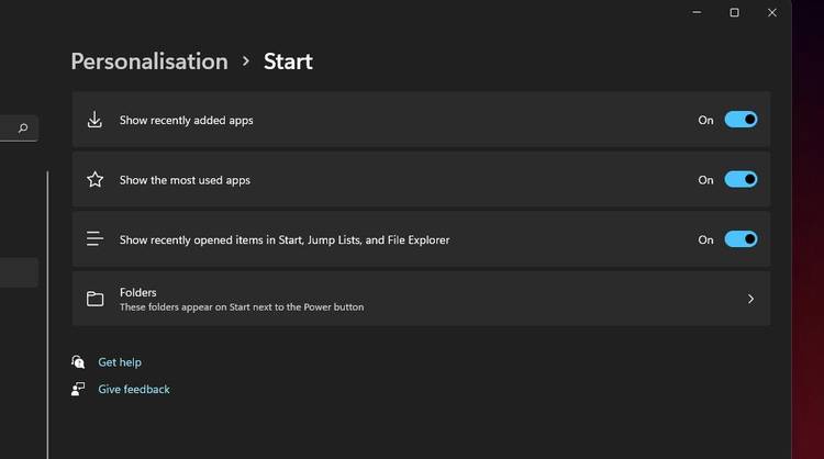 چگونه منوی استارت ویندوز 11 را با سلیقه خودمان بچینیم 6 start customization settings.jpg?q=50&fit=crop&w=750&dpr=1