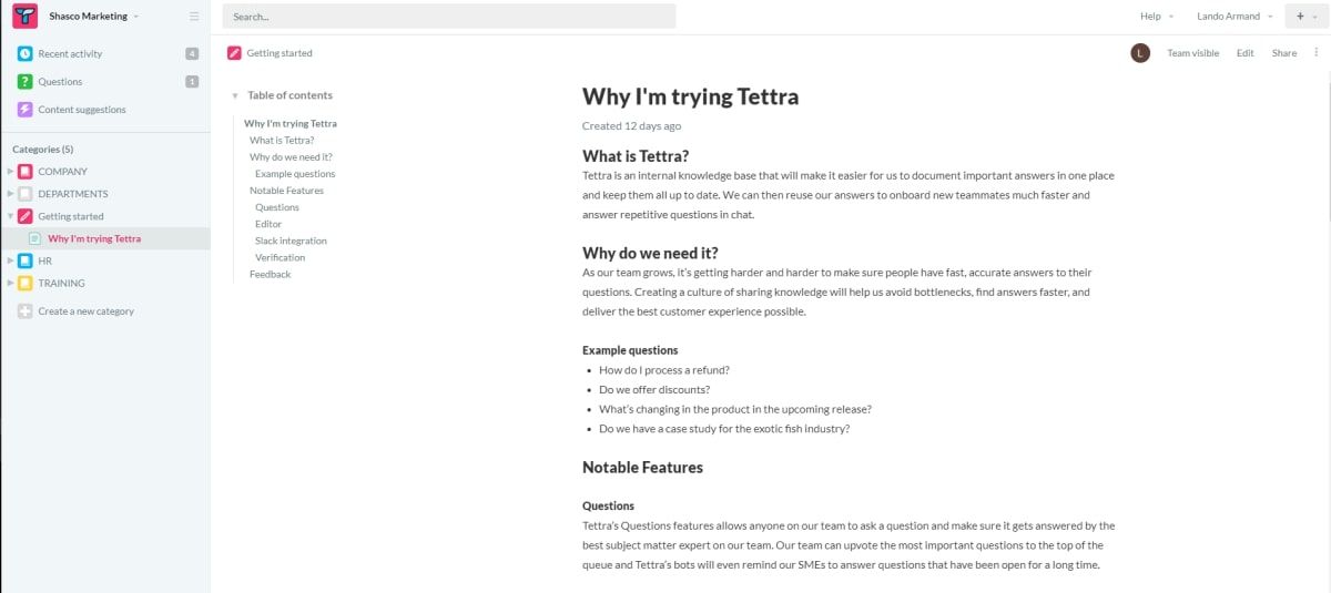 Screenshot of Tettra: Getting Started Guide