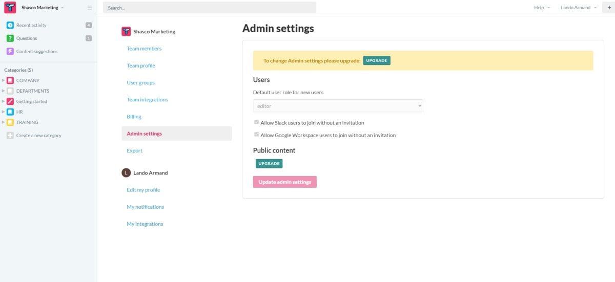 Screenshot of Tettra showing admin settings