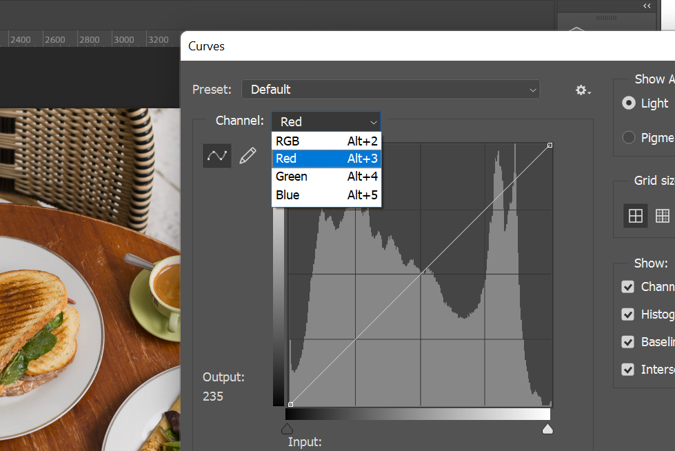 Modifying Curves by color channel in Photoshop.