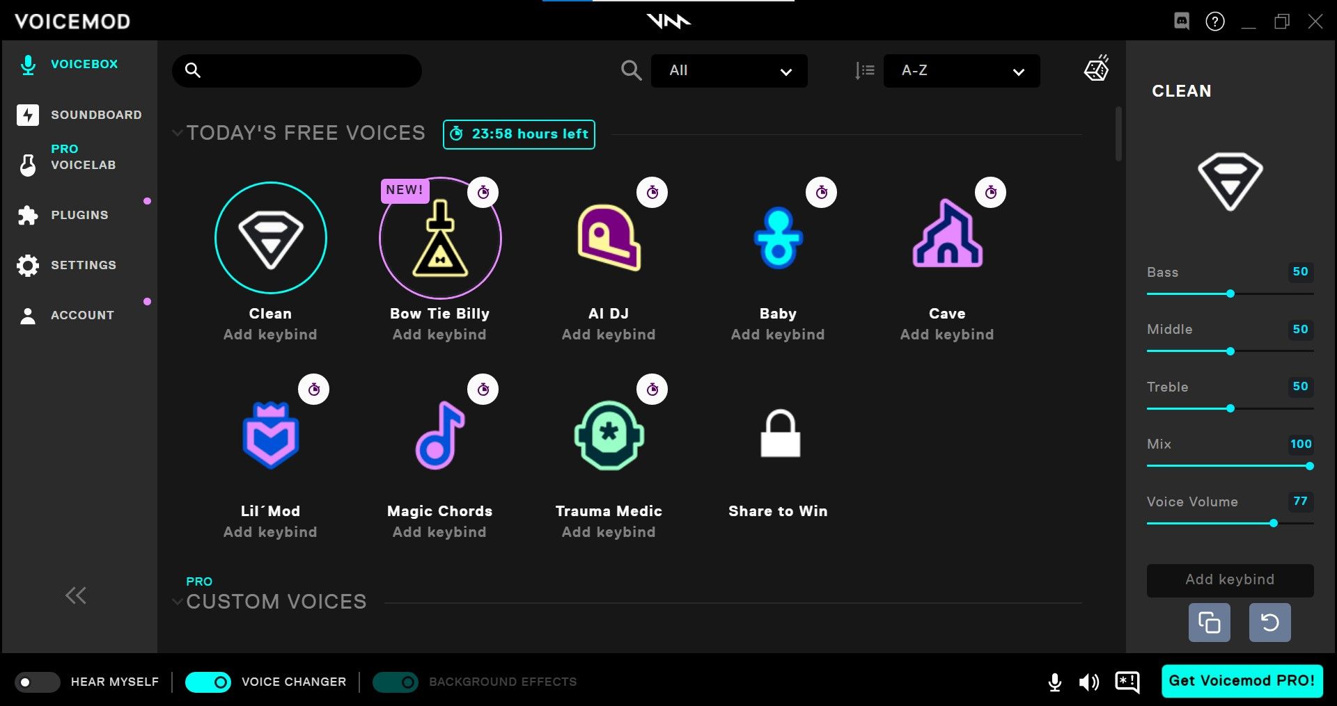 voicemod voice changer home screen showing free voices for the day