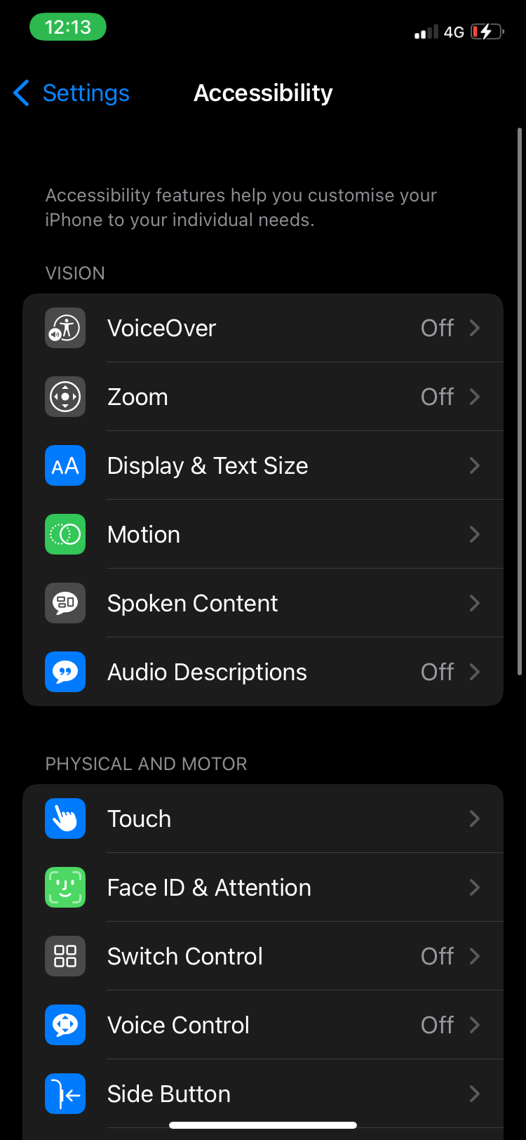 voiceover in settings