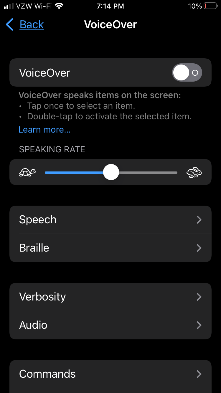 The VoiceOver menu on iPhone