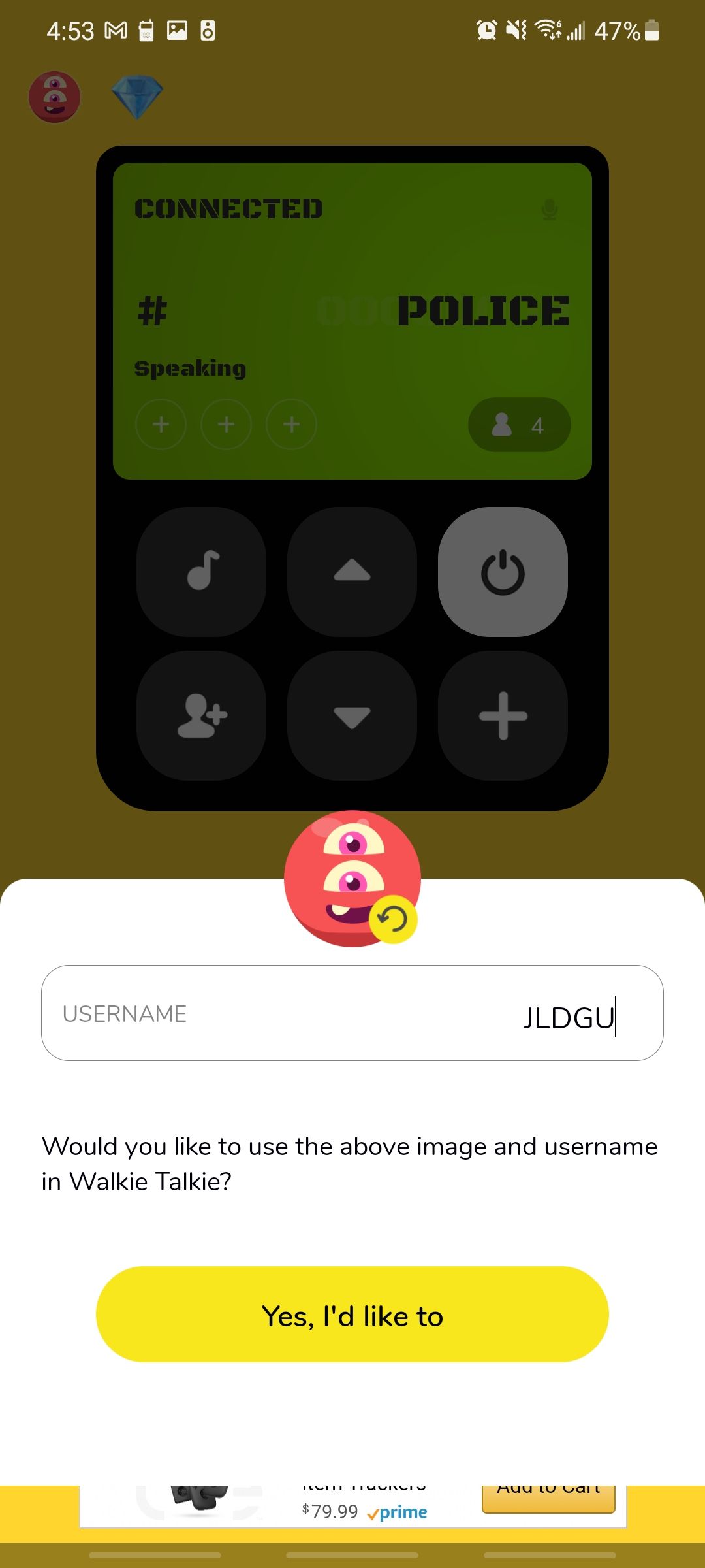 walkie talkie app showing how you can customize your username and image
