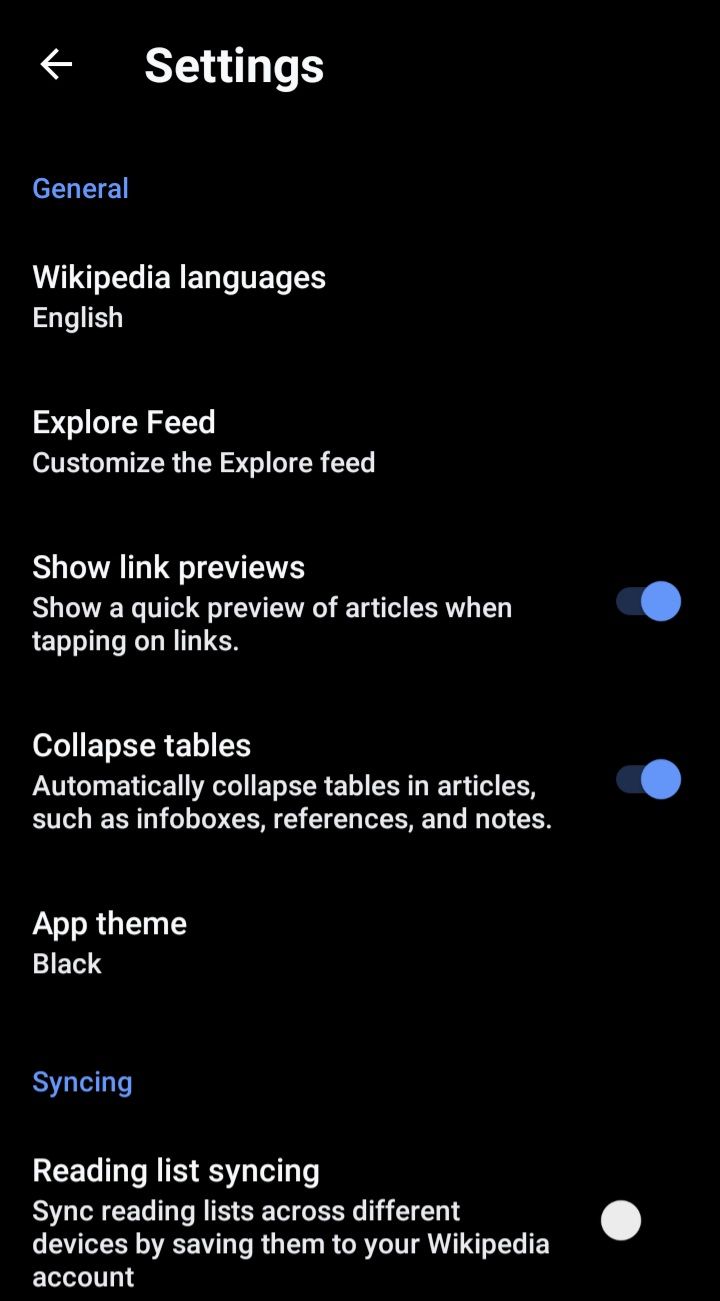 wikipedia app settings screenshot