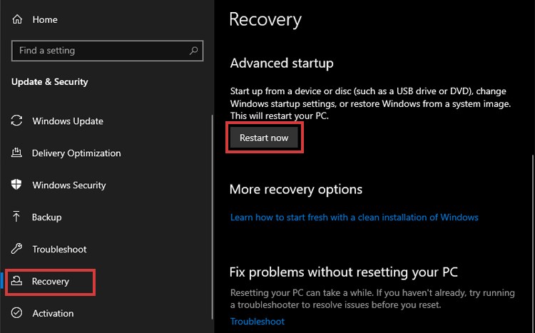 windows 10 recovery settings screenshot