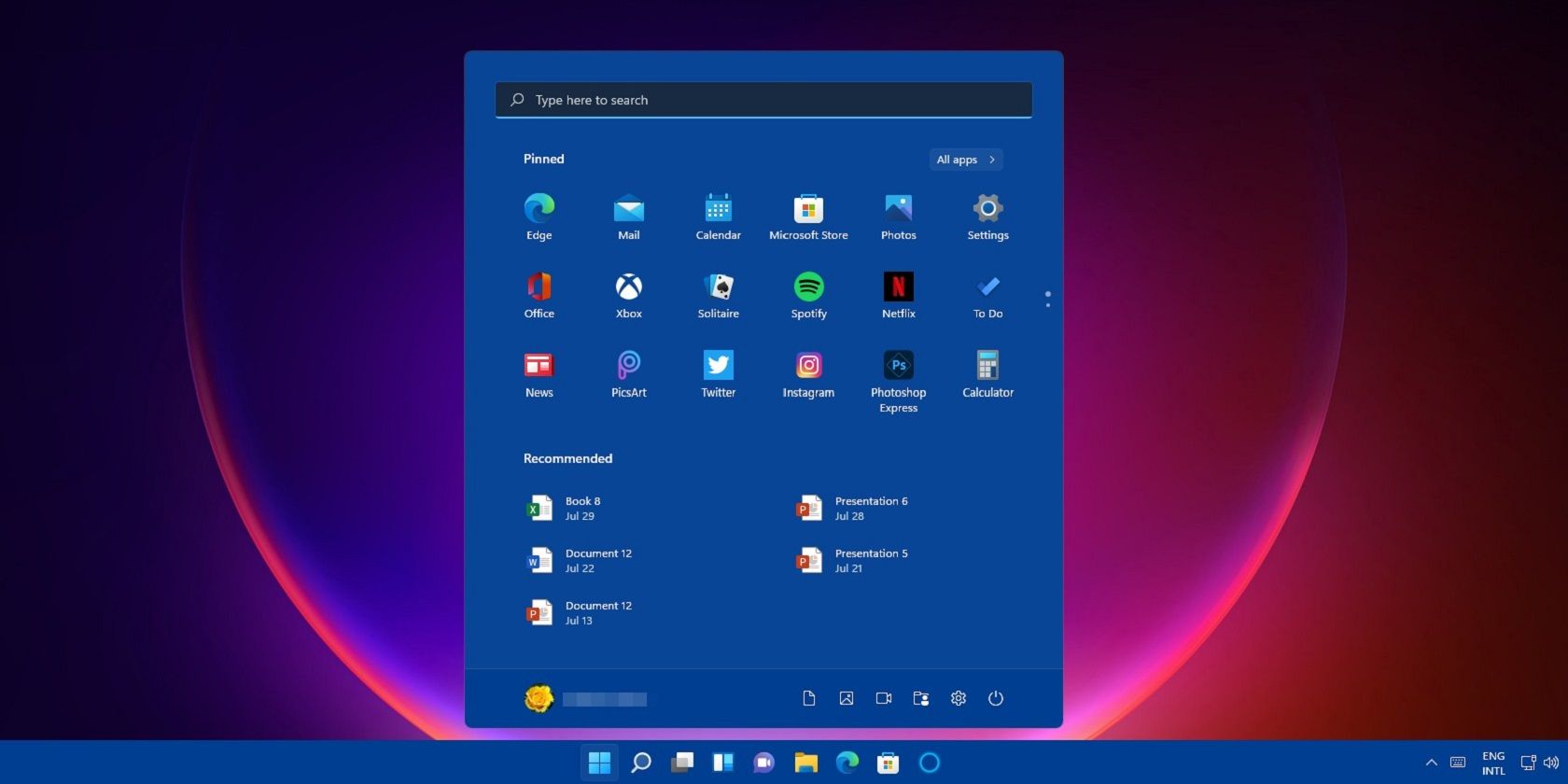 Menu Mulai Windows 11 pada desktop berwarna-warni