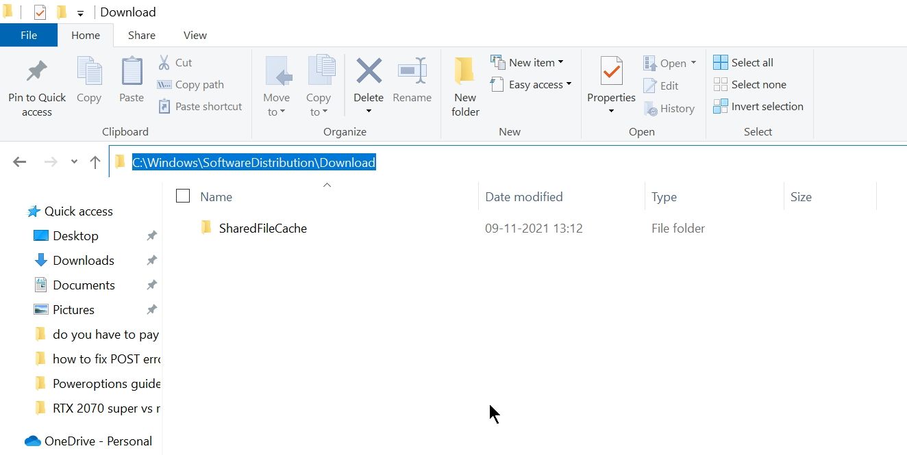 The Windows Update cache folder in the File Explorer.