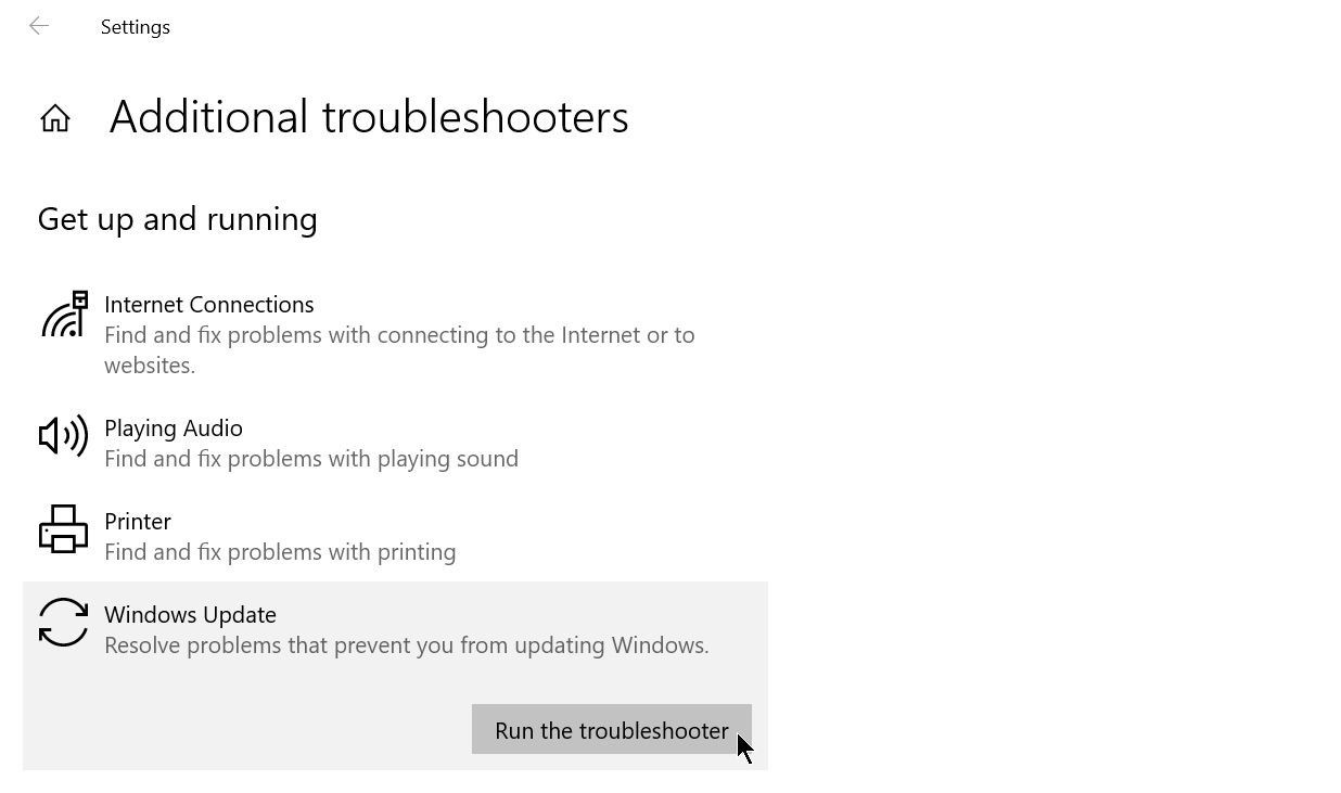 Additional troubleshooters in Windows 10.
