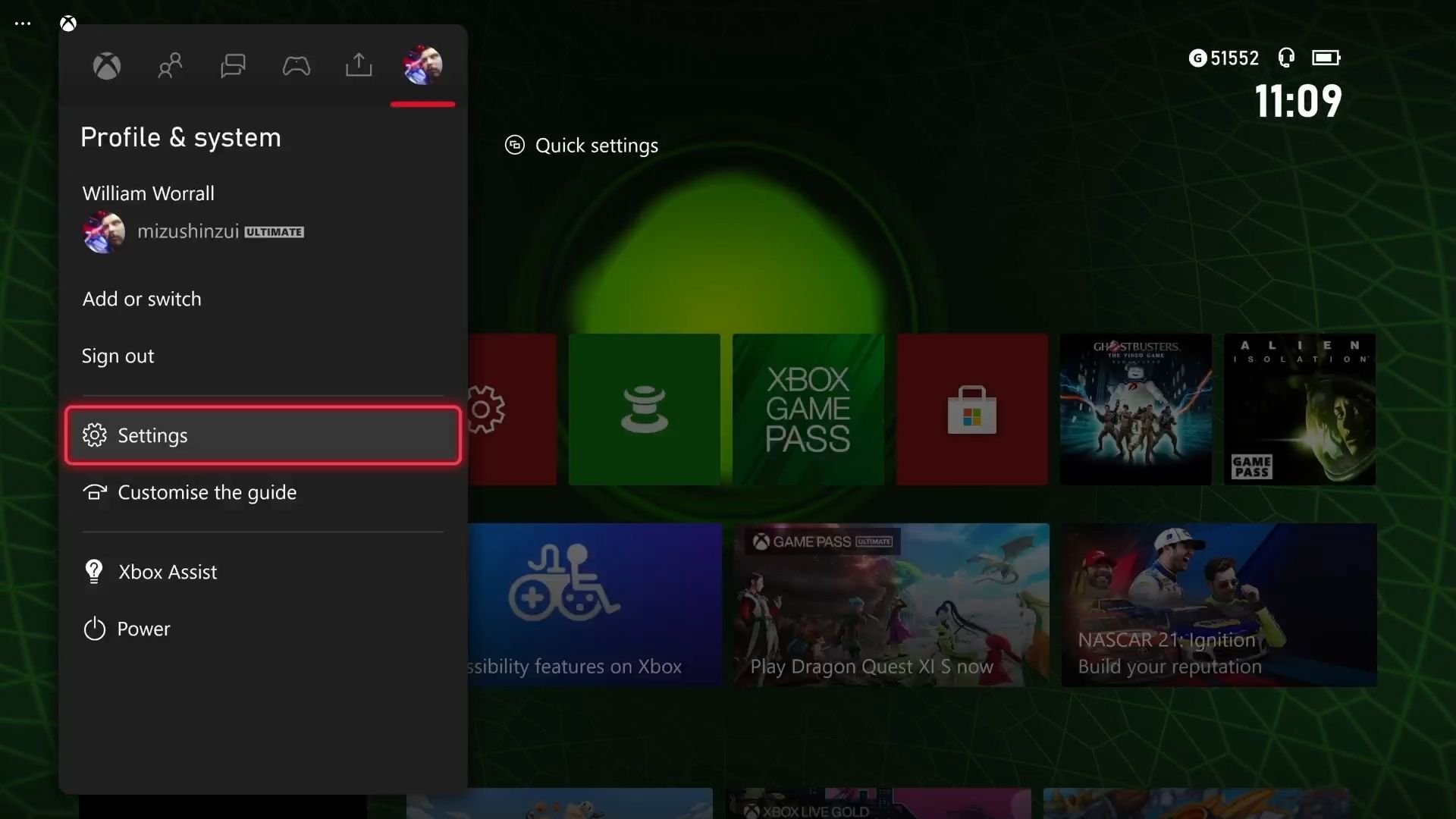 xbox console settings menu