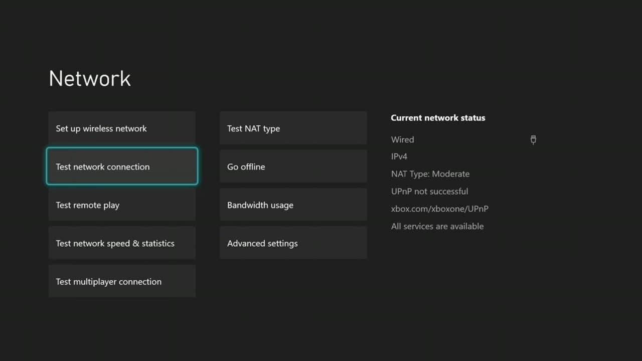 Network settings in Xbox One.