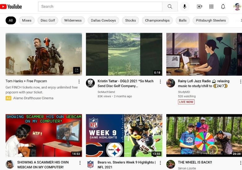 YouTube desktop dashboard