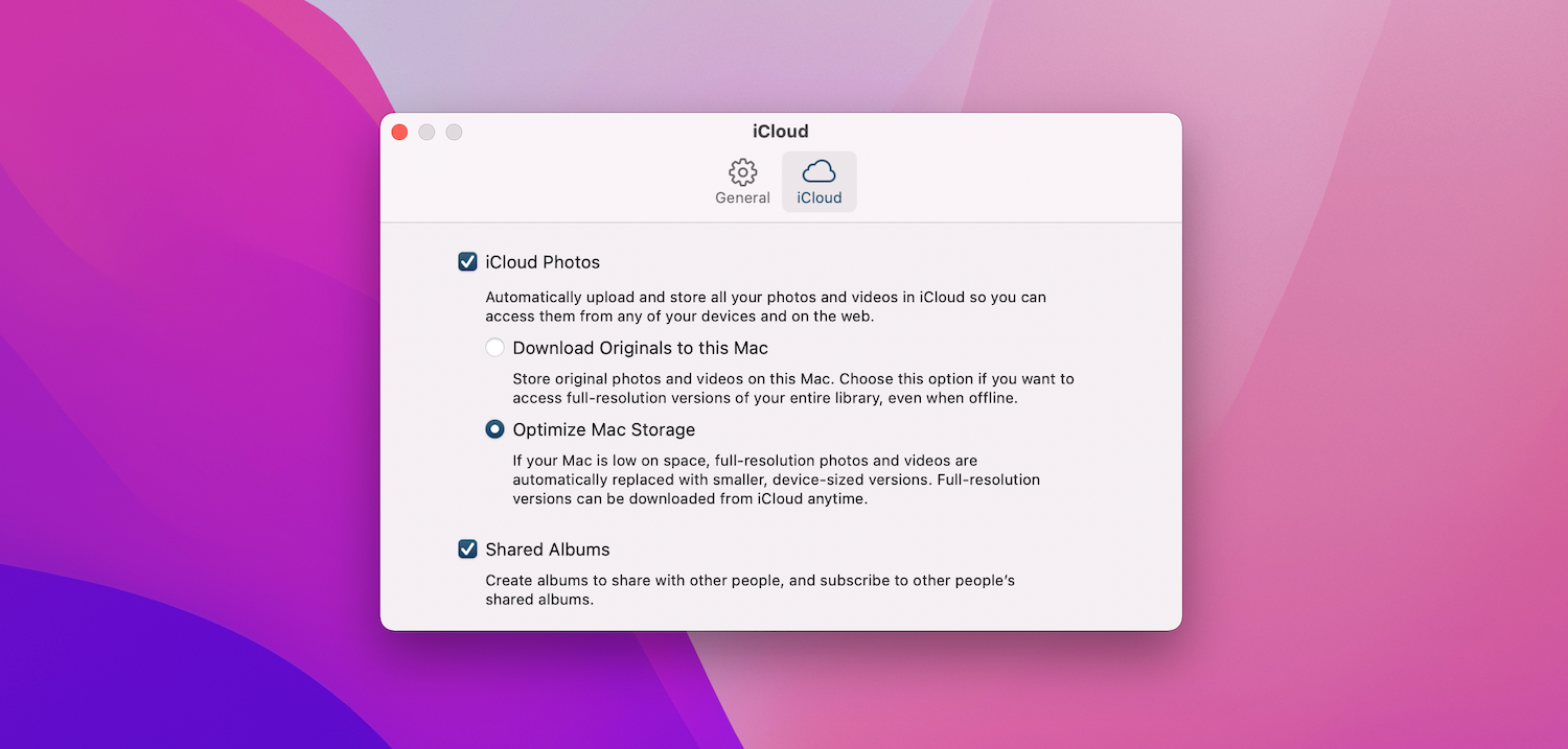 iCloud tab in Photos Preferences on Mac.