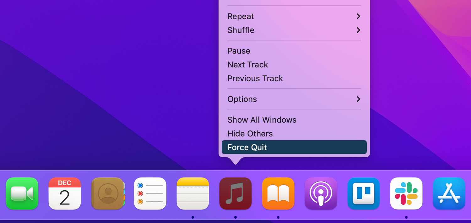 Force-quitting an app via the Mac's Dock.