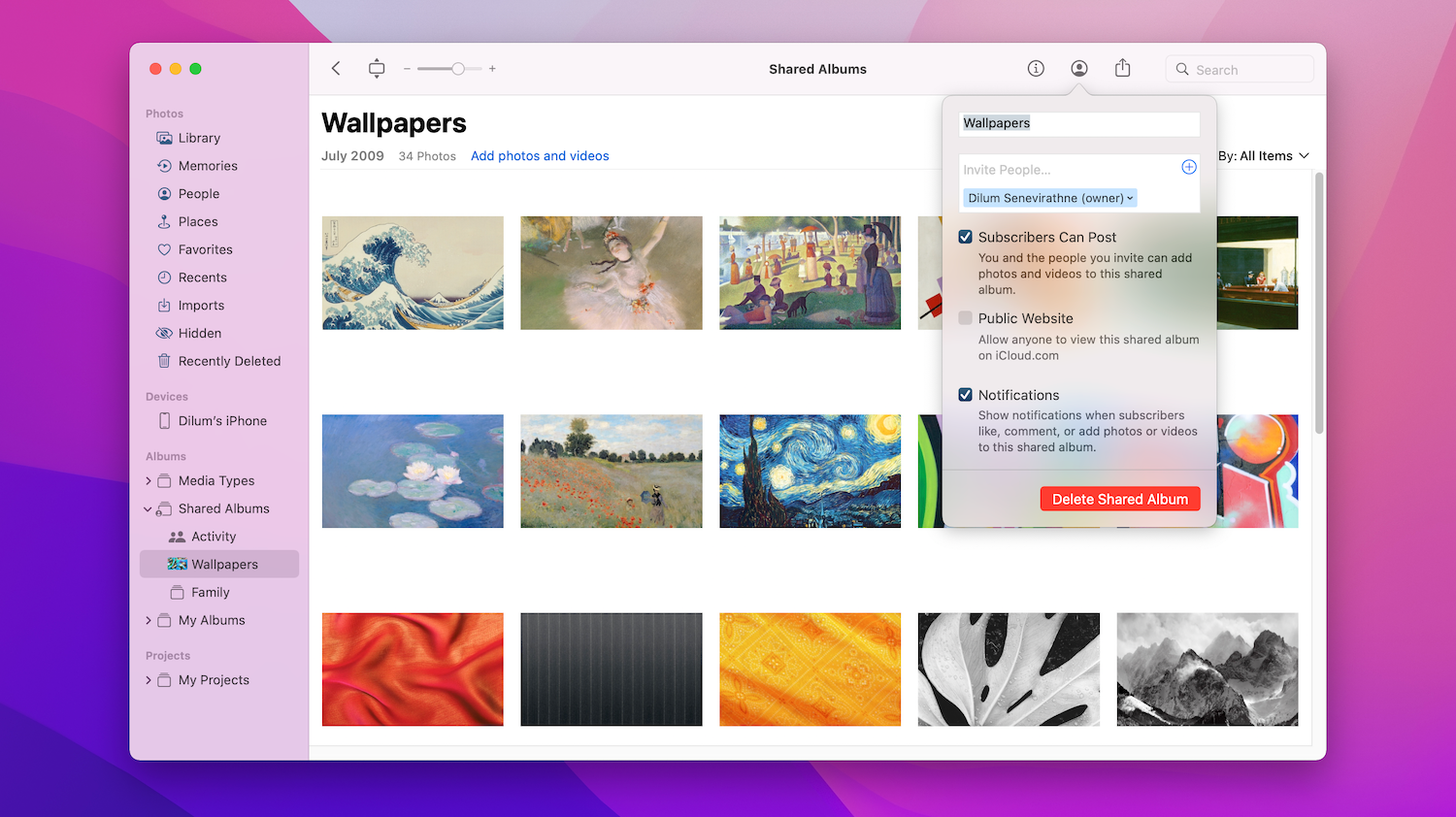 Managing shared albums on Mac.