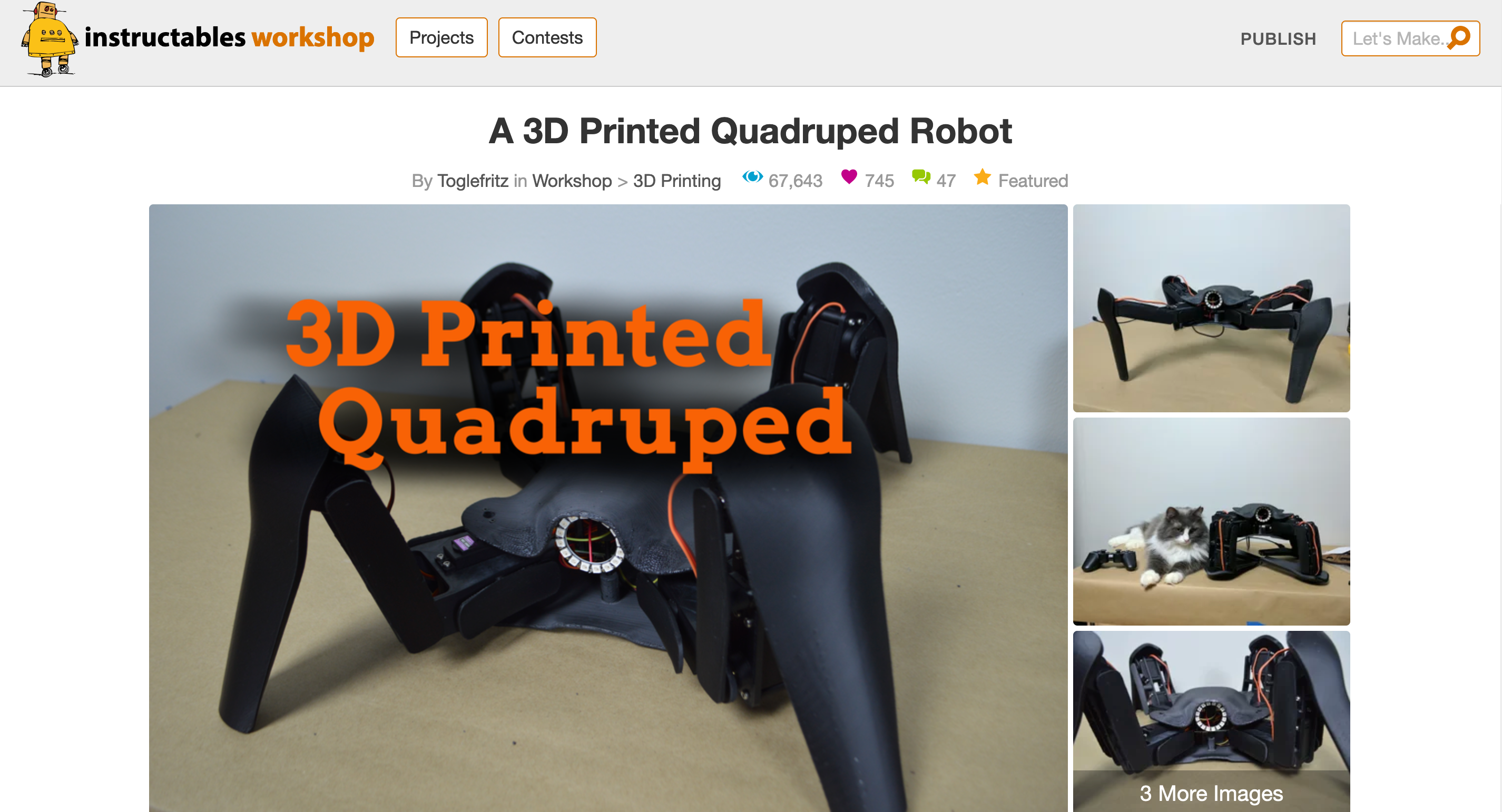 A screenshot of an Instructables page showing a four legged black robot