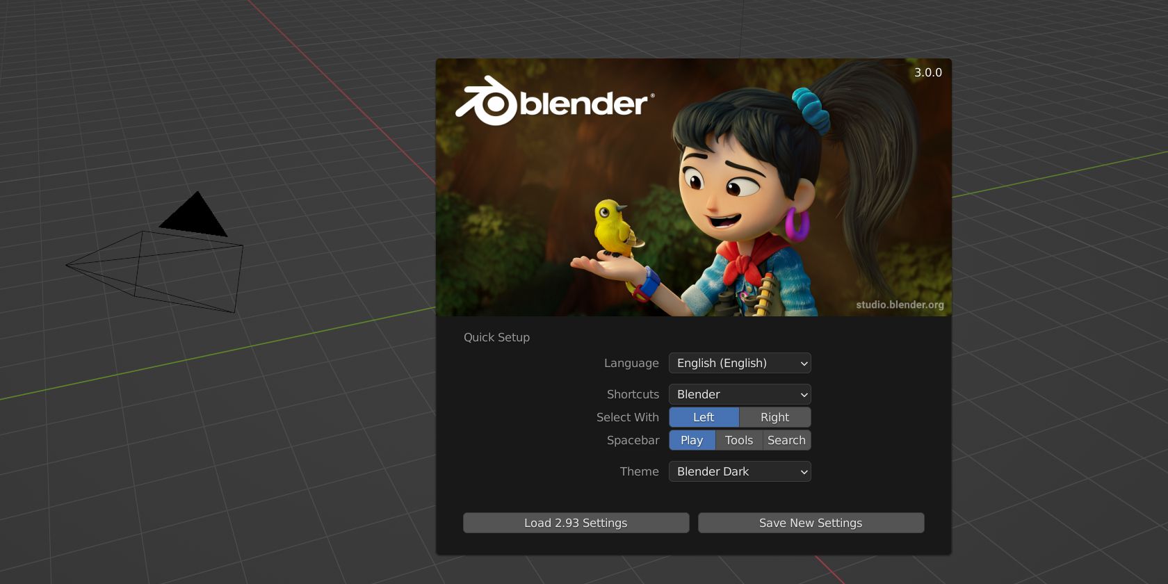 The Blender 3.0 start-up screen.
