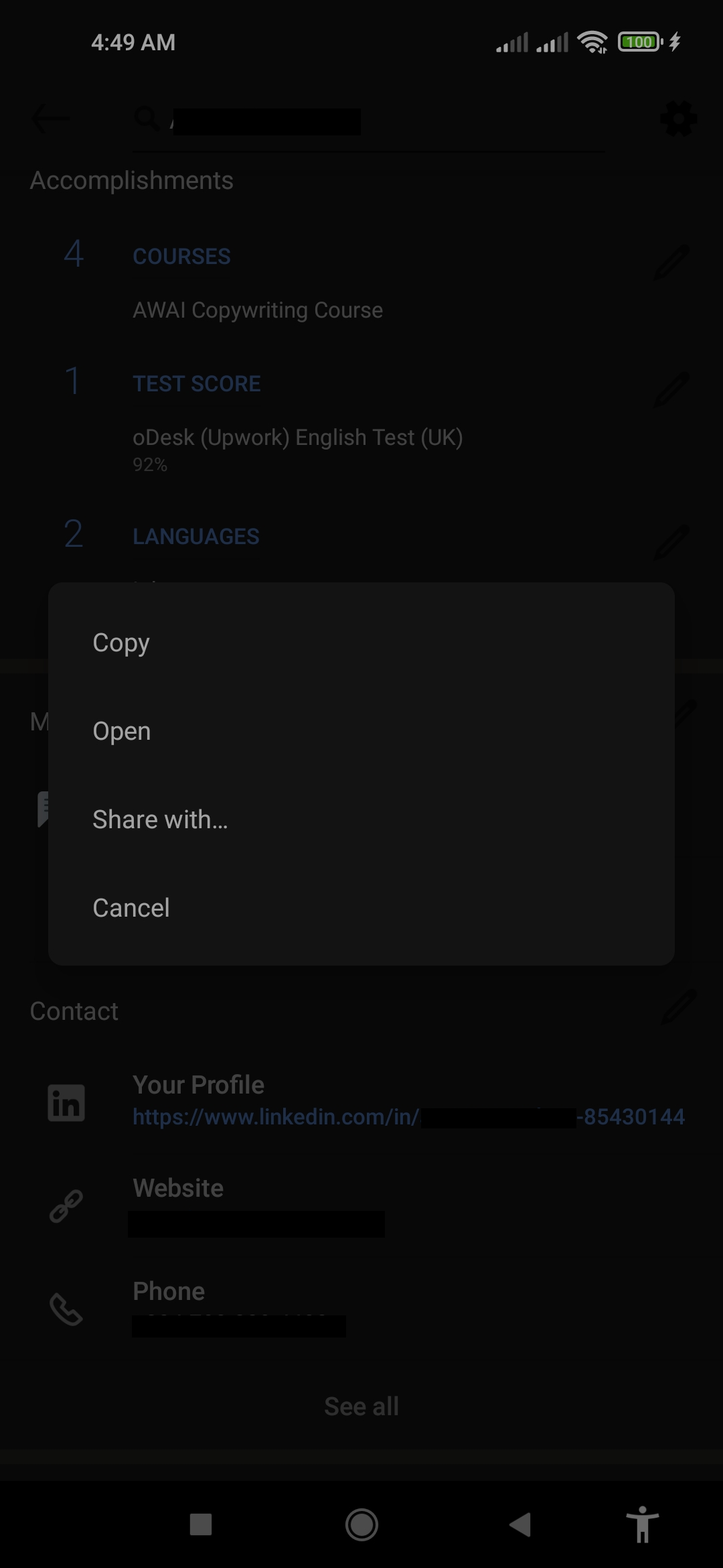 LinkedIn Tap and hold Profile URL