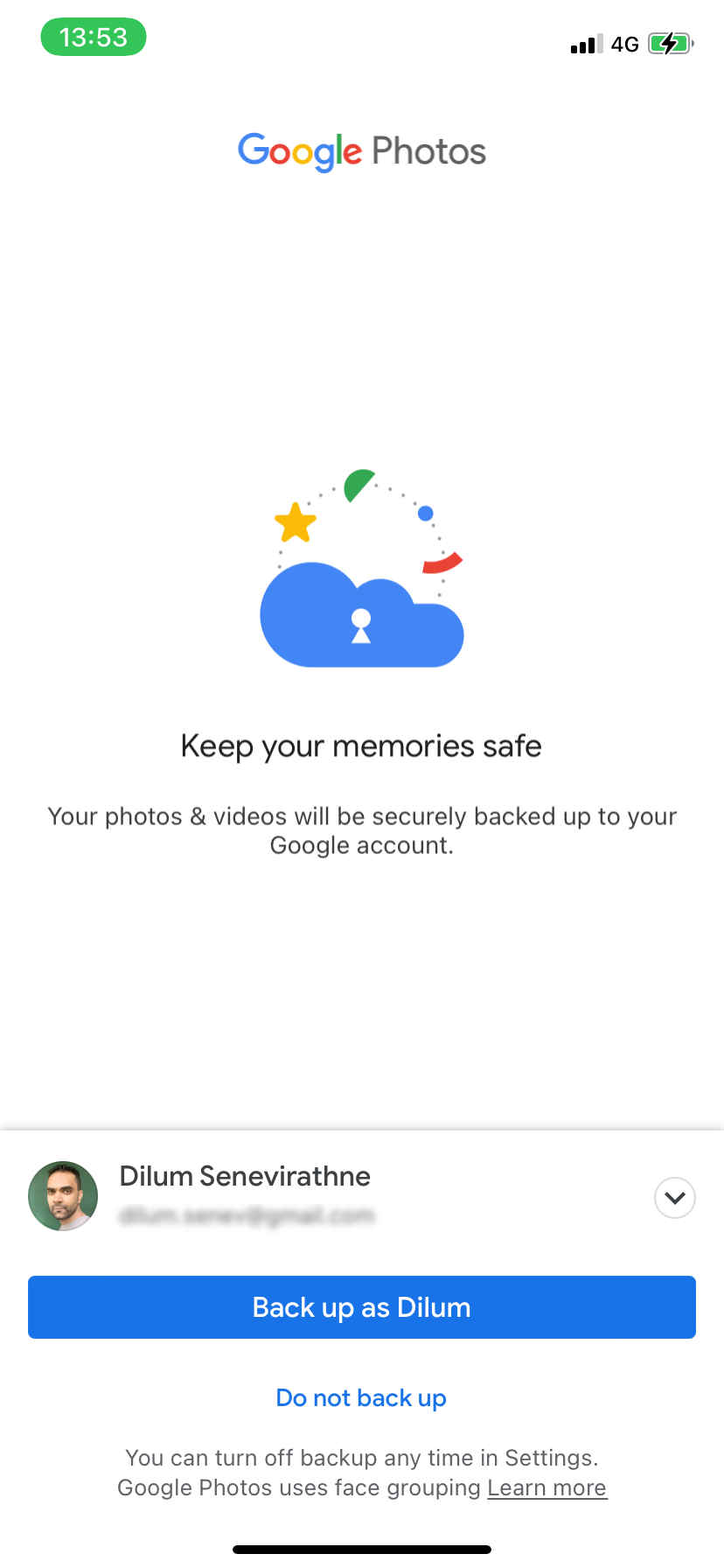 Choosing to back up to Google Photos.