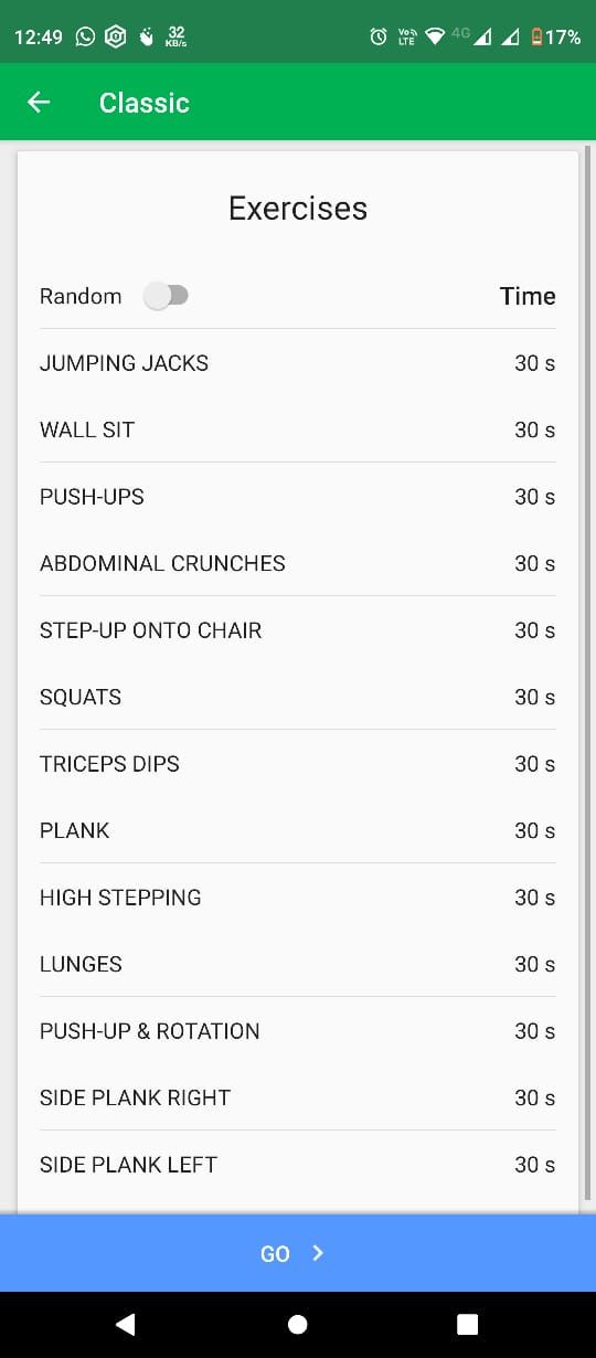 7-minute workout app's classic workout's exercised schedule 