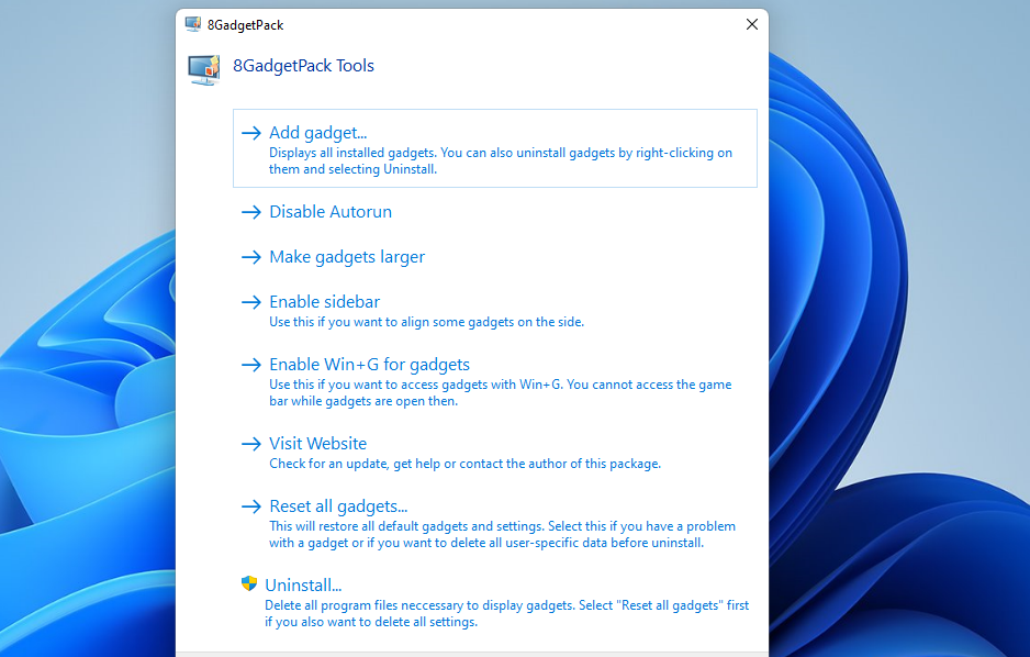 The 8GadgetPack window