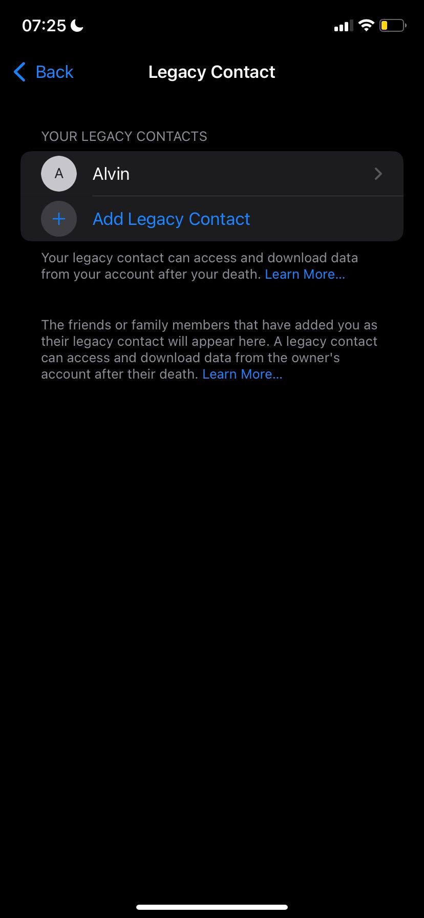 Legacy Contact page in iOS 15