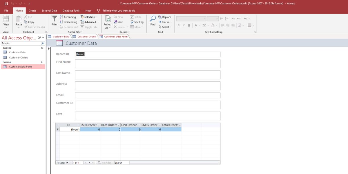 An image of new form in Access for data entry