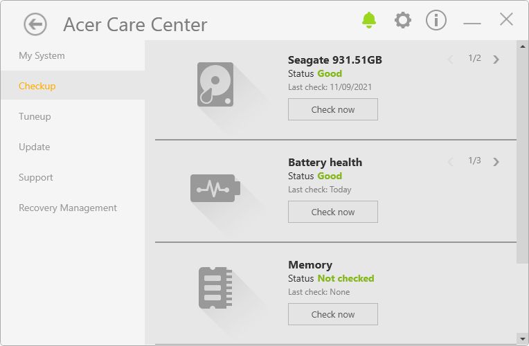 Acer Care Center showing good battery health