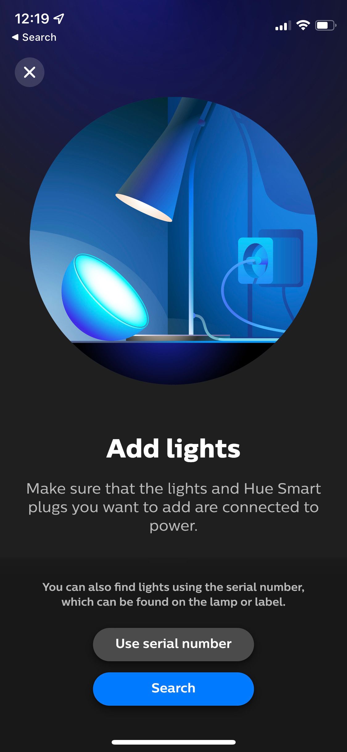 Add Lights screen in Philips Hue app