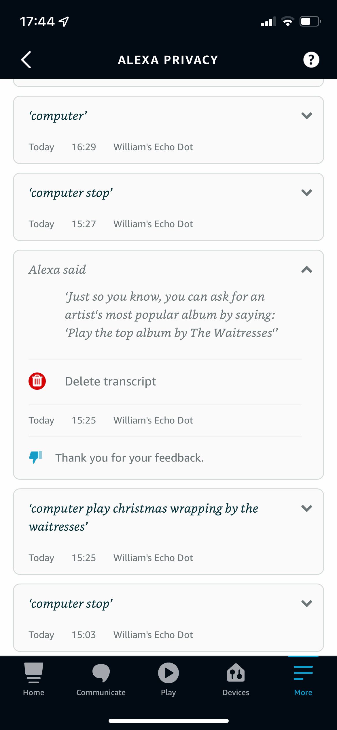 Alexa App Recordings Delete and Feedback Options