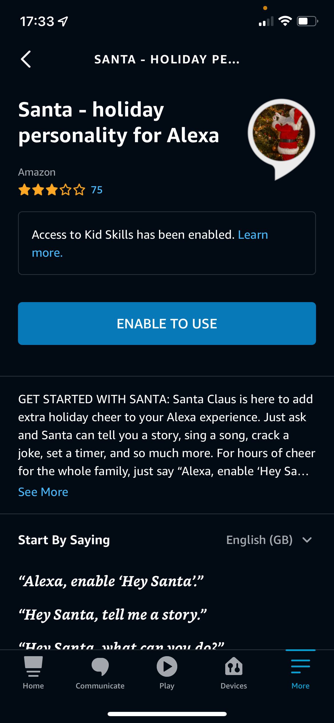 Alexa App Santa Skill Page