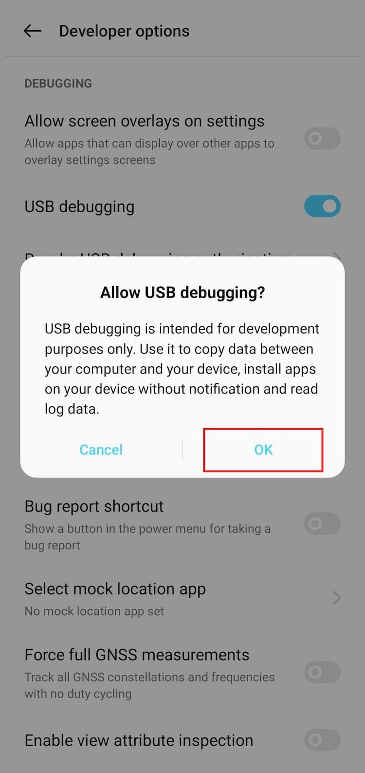 Prompt untuk mengizinkan USB debugging